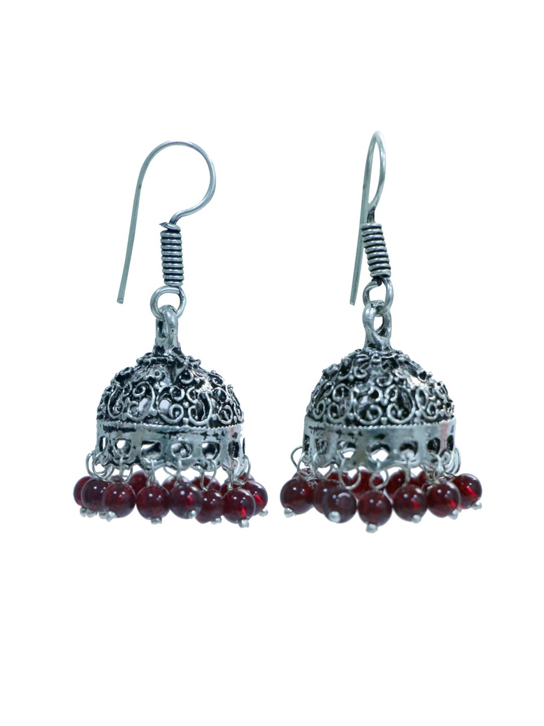 

Abhooshan Silver-Plated Artificial Beaded Oxidised Circular Shaped Jhumkas, Red