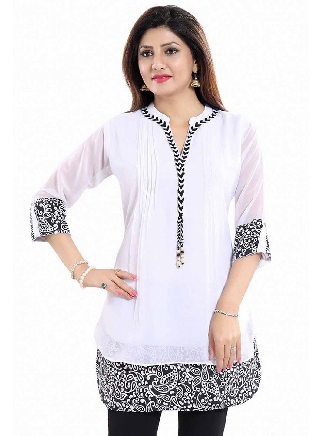 

Meher Impex Mandarin Collar Georgette Top, White