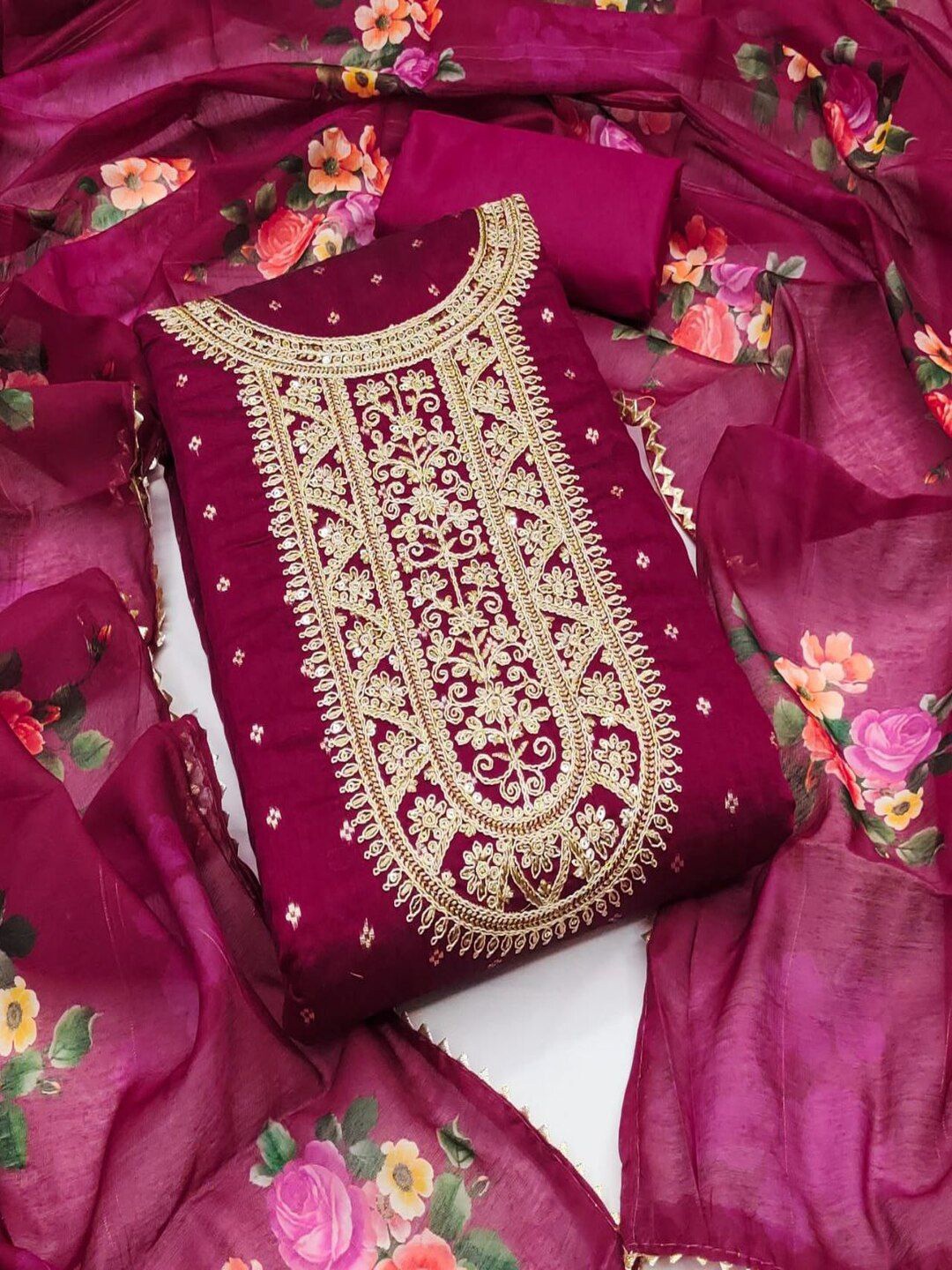 

SHIJILA Floral Woven Design Sequinned Unstitched Dress Material, Magenta