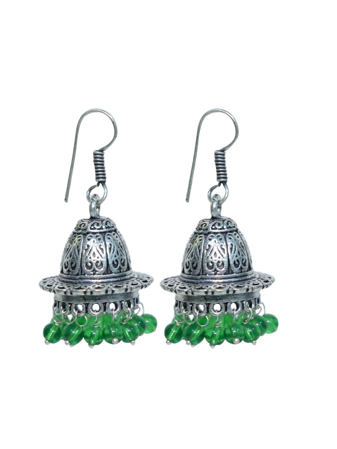 

Abhooshan Silver-Plated Artificial Beaded Oxidised Dome Shaped Jhumkas, Green