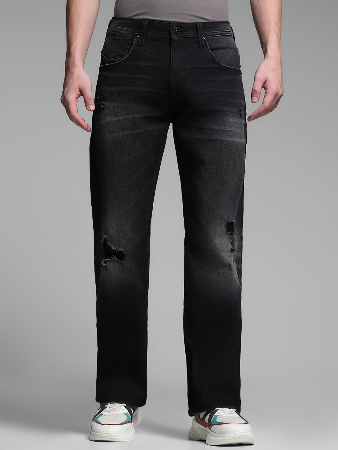 

Jack & Jones Men Bootcut High-Rise Highly Distressed Light Fade Stretchable Jeans, Black