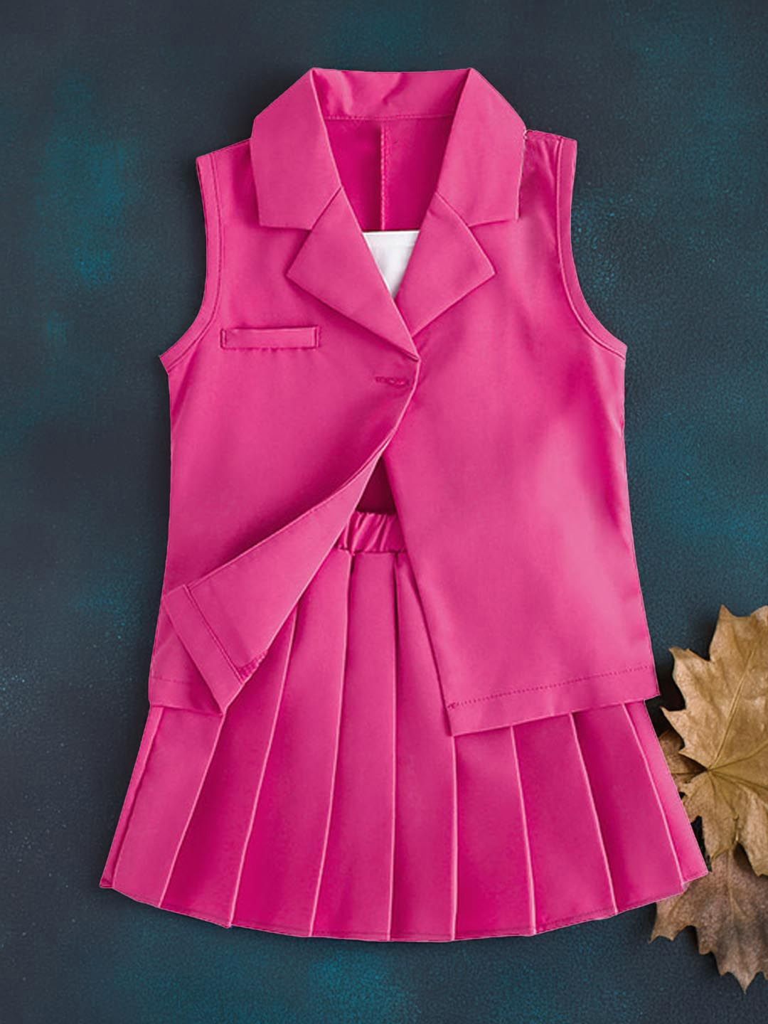 

Xsole Girls Shirt Collar Sleeveless Top With Skirt, Pink