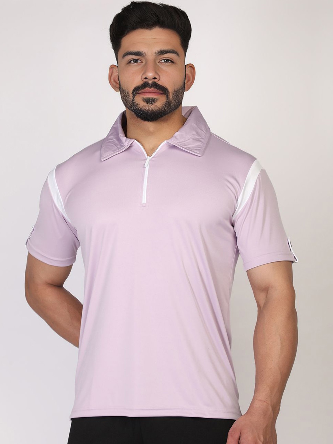 

CHKOKKO Men Polo Neck Regular Fit Short Sleeves Gym Sports Zipper Tshirt, Lavender