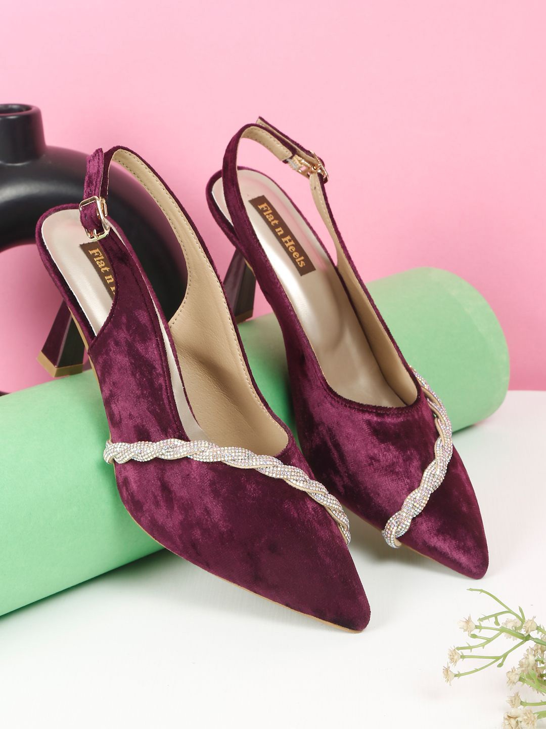 

Flat n Heels Velvet Stiletto Pumps with Buckles, Purple