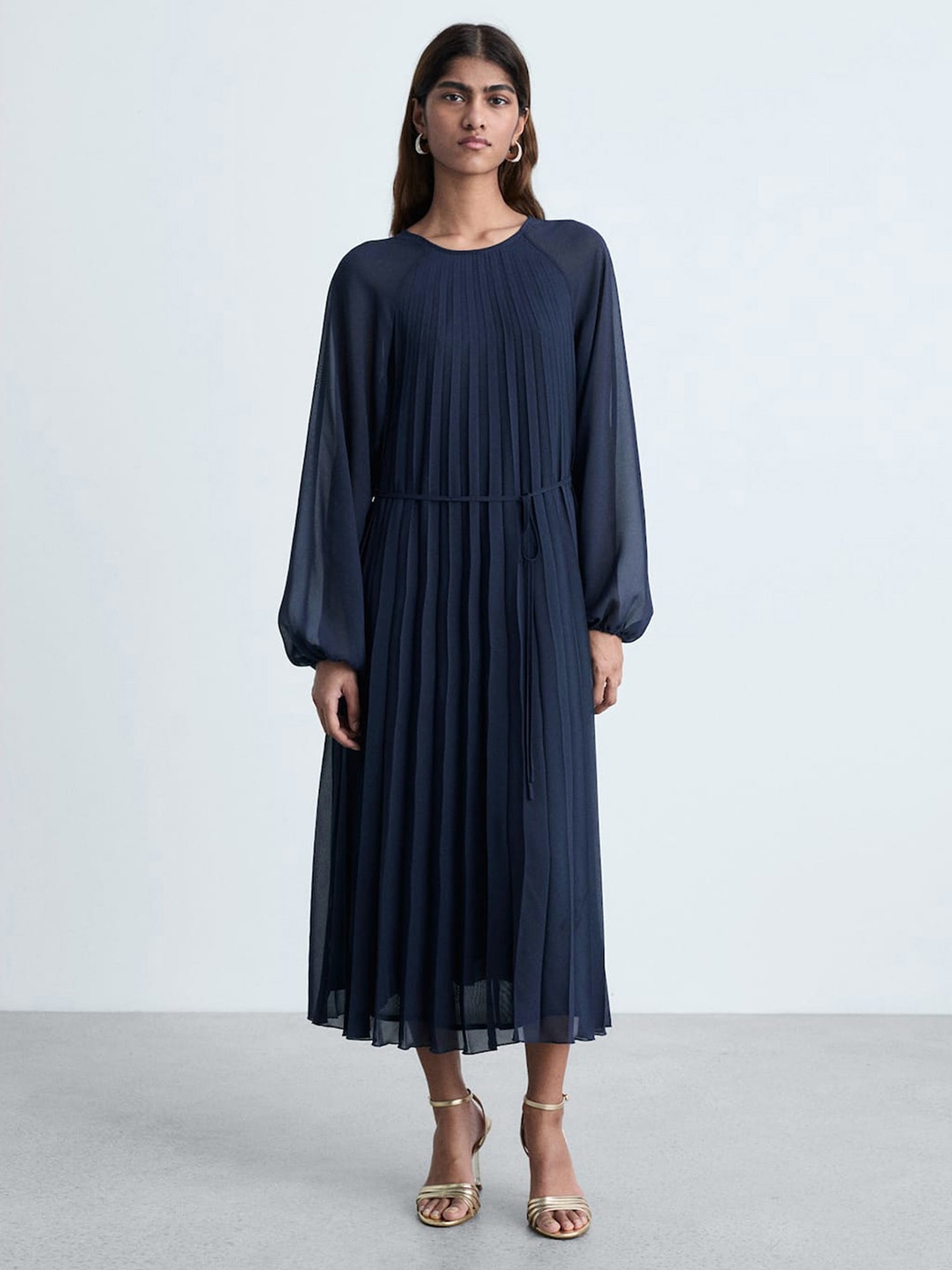 

MANGO Accordion Pleats Raglan Sleeve Midi Dress, Navy blue