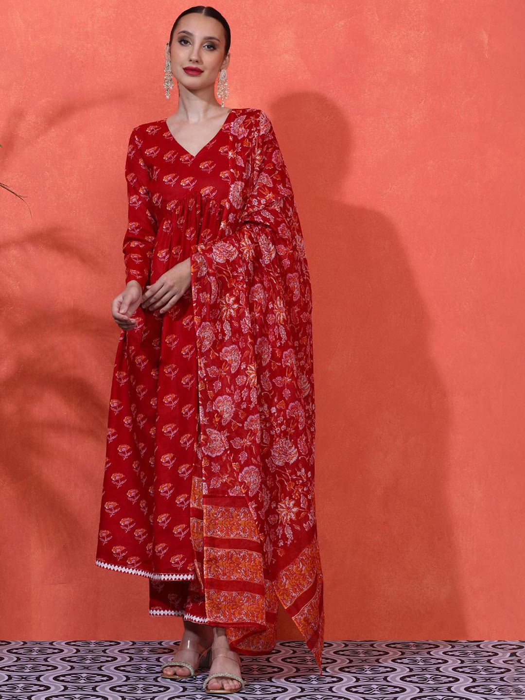 

Sangria Women Embroidered Anarkali Kurta With Trousers & Dupatta, Red
