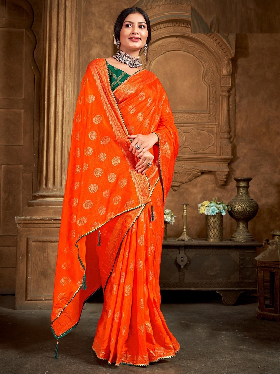 

Reboot Fashions Floral Zari Silk Blend Bhagalpuri Saree, Orange