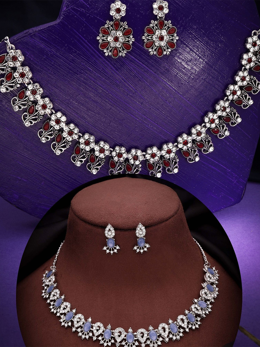 

DIVASTRI Set Of 2 Silver-Plated American Diamond-Studded Jewellery Sets