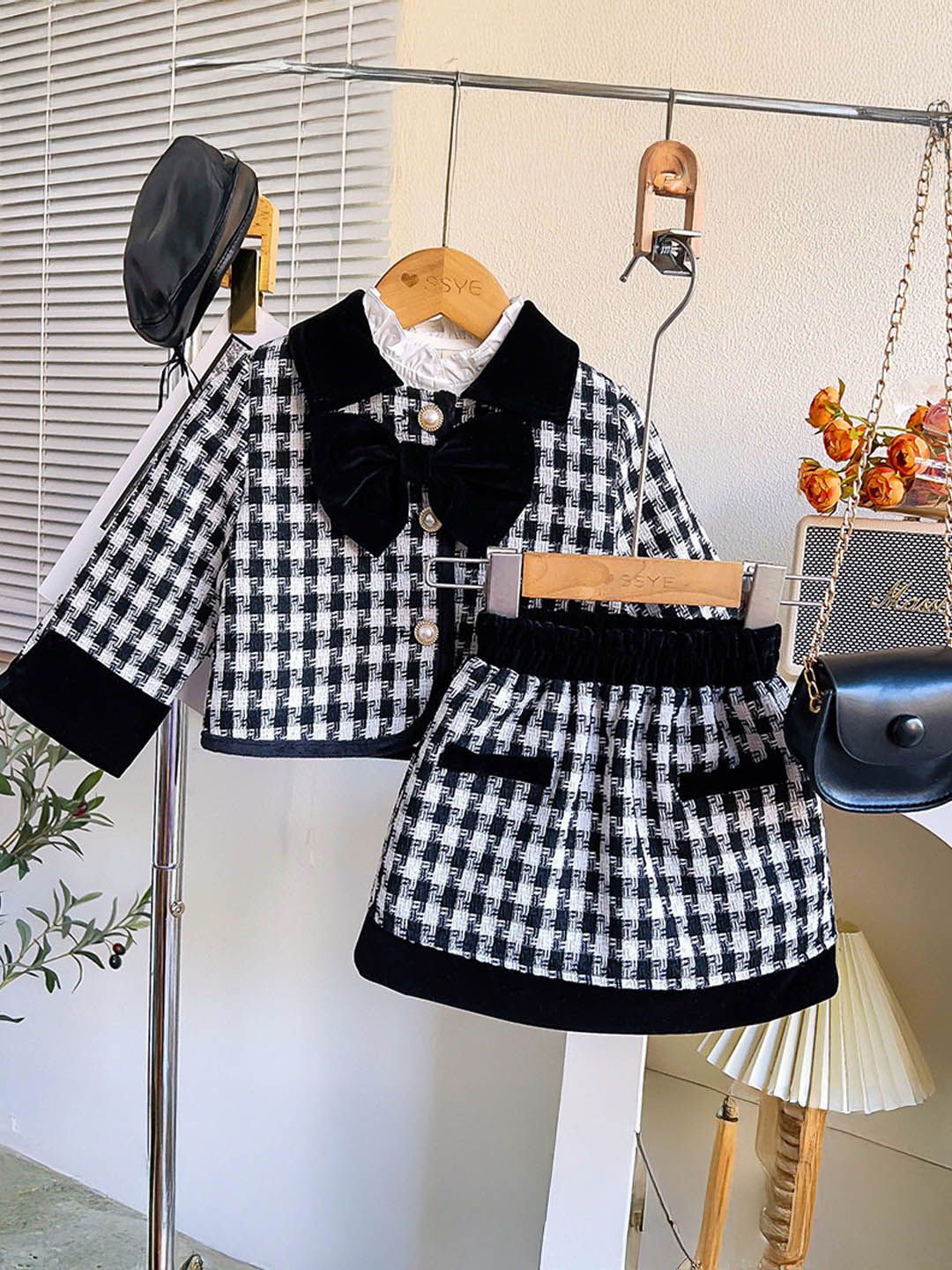 

Xsole Checked Shirt Collar Top With Skirt, Black