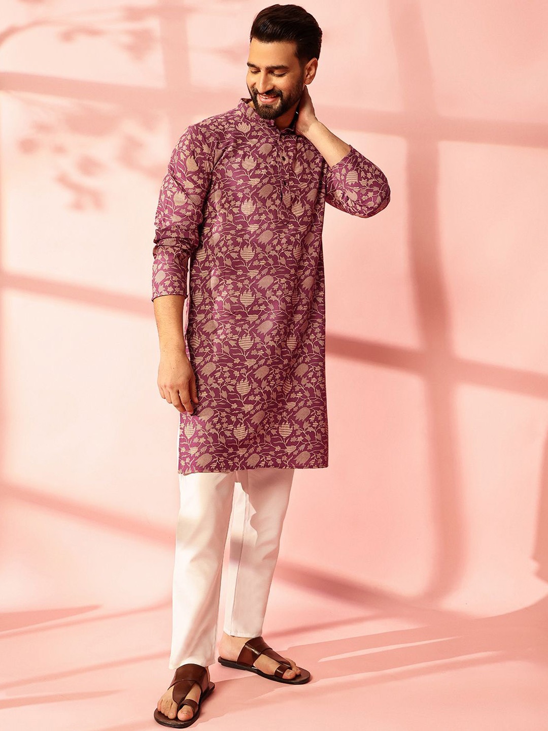 

Anouk Floral Printed Band Collar Cotton Linen Straight Kurta, Purple