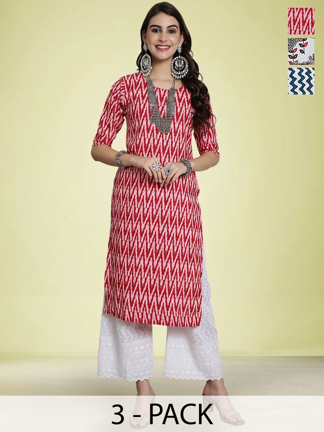 

Moda Rapido Selection Of 3 Floral Printed Round Neck Straight Kurtas, Grey
