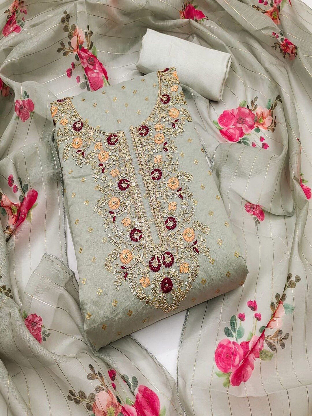 

SHIJILA Floral Embellished Sequinned Unstitched Dress Material, Grey