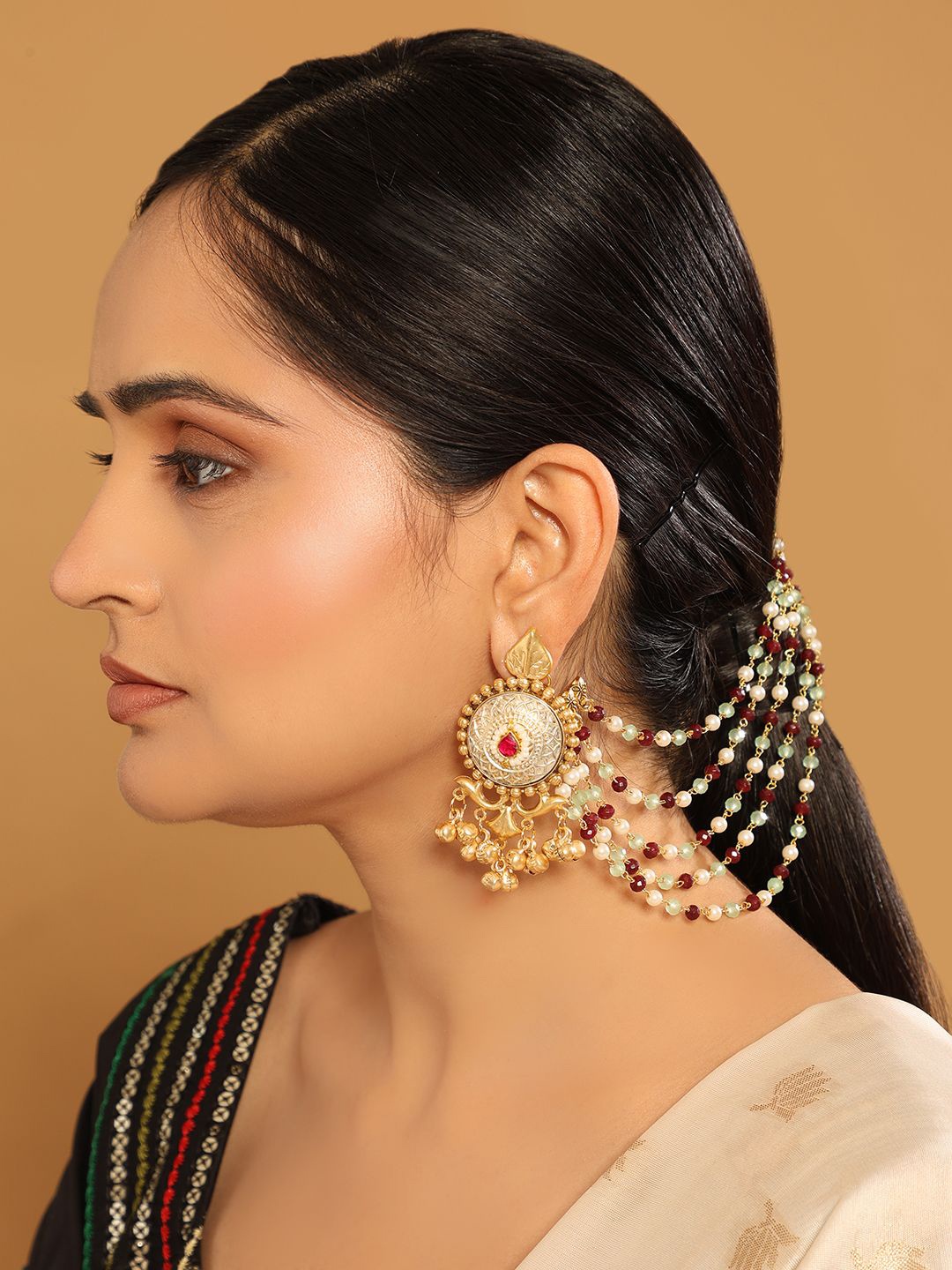 

Yinara Gold-Plated Stones Studded & Beaded Contemporary Drop Earrings With Ear Chains