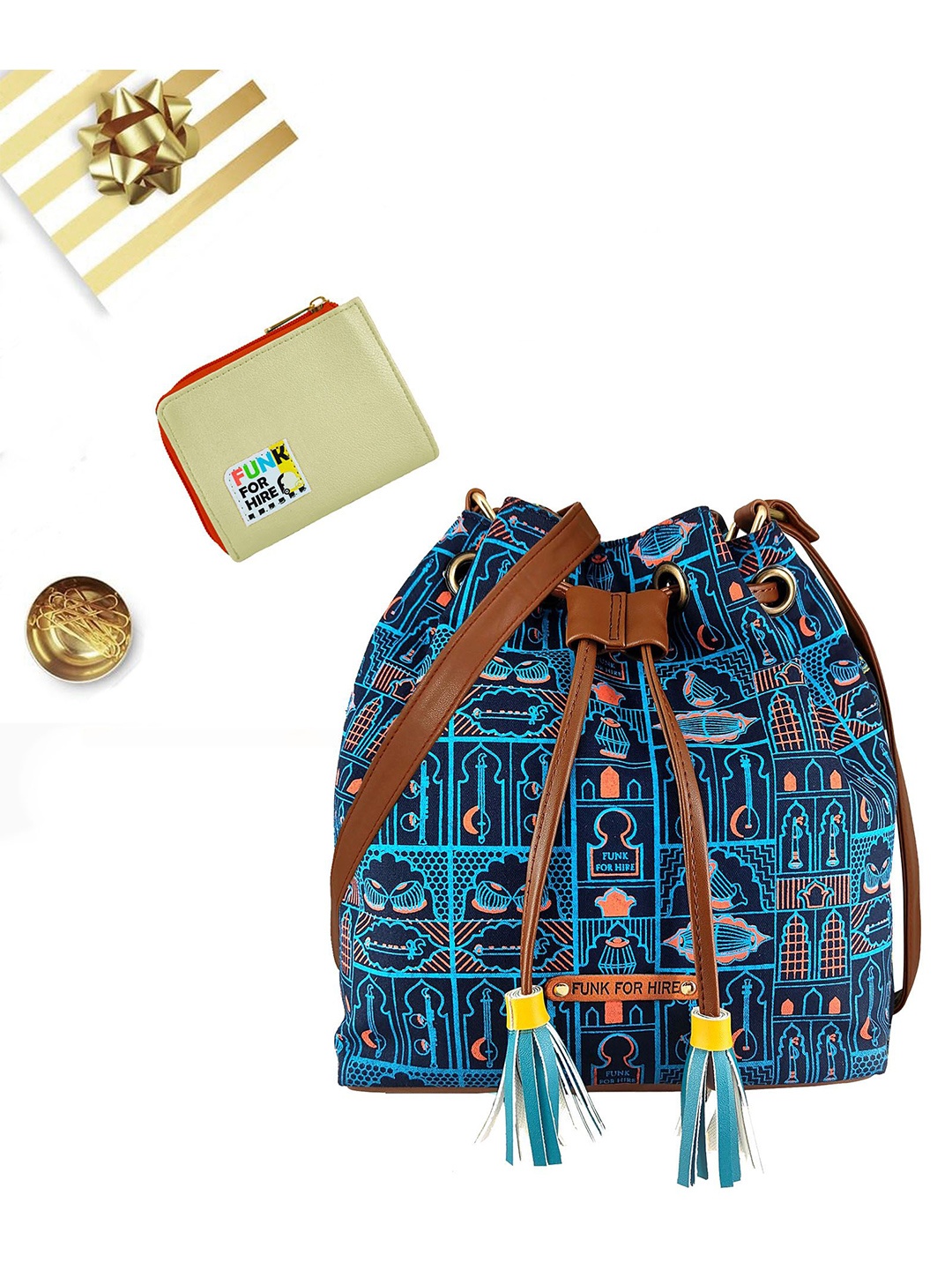 

Funk For Hire Printed Bucket Sling Bag, Navy blue