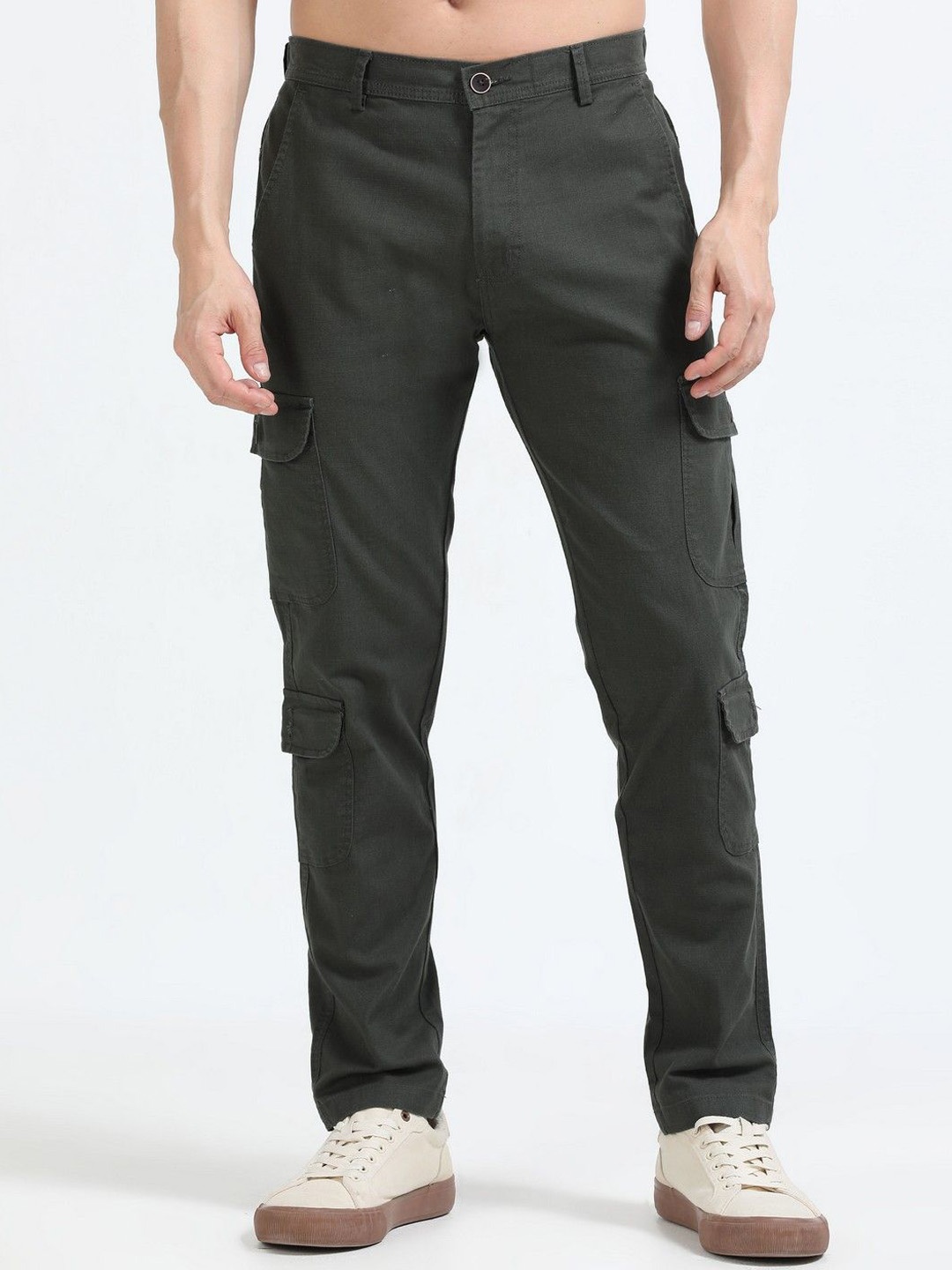 

THE BEETEL HOUSE Men Relaxed Lazy Linen Utility Cargo Trousers, Olive