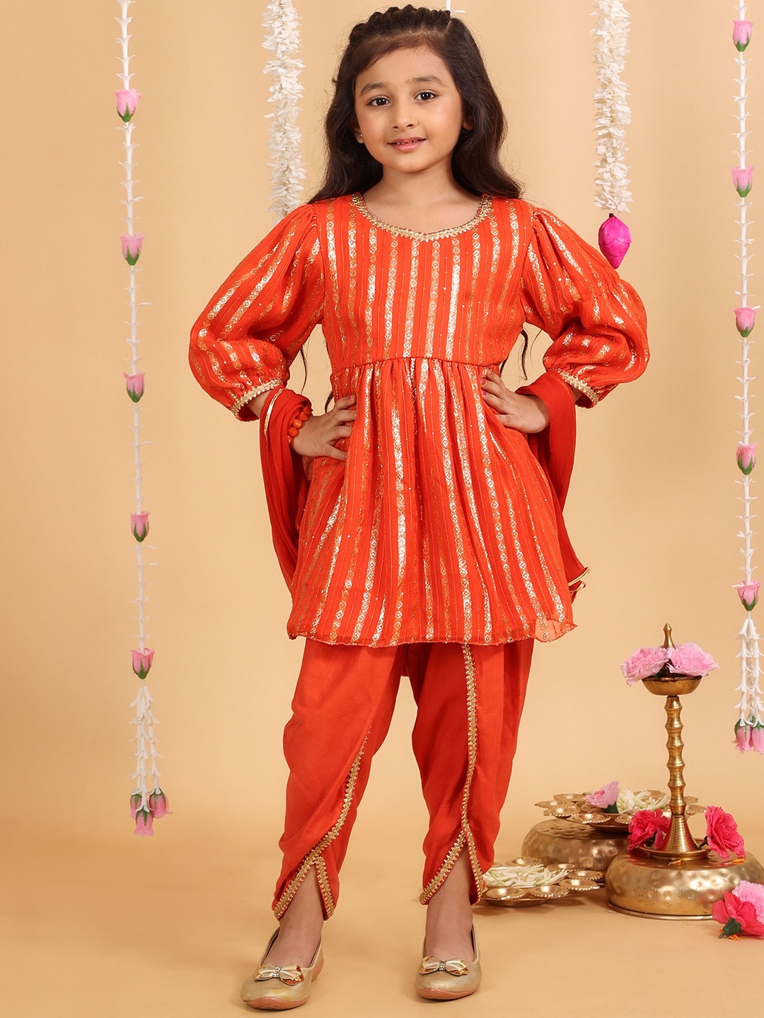 

MASTARANG Girls Striped Regular Sequinned Kurta with Dhoti Pants & With Dupatta, Rust