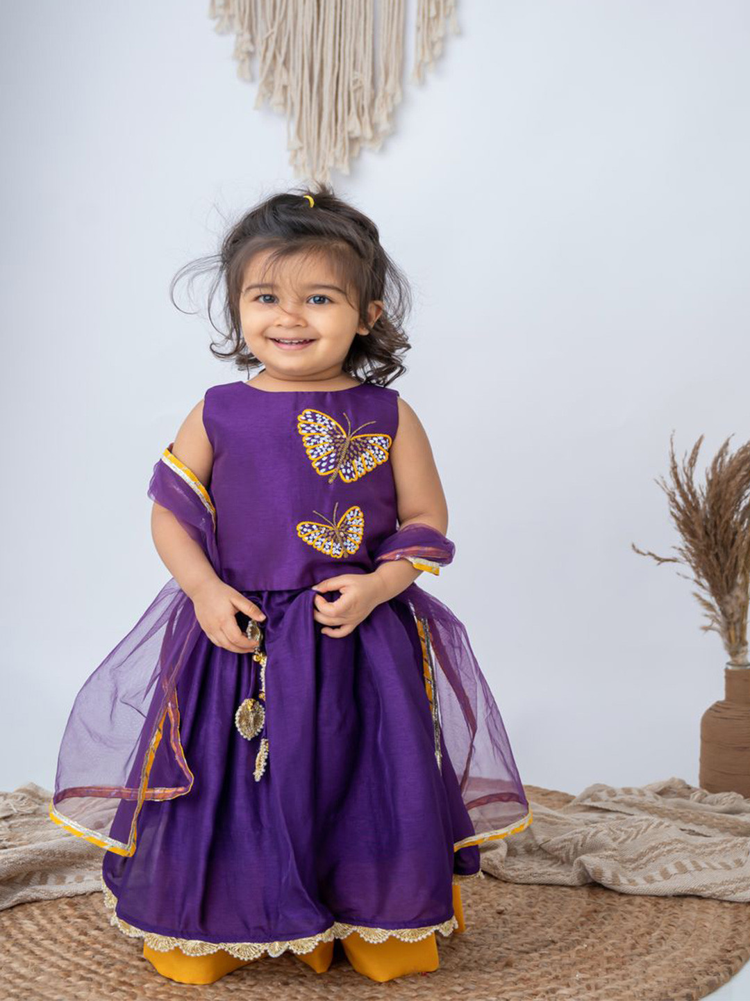 

LABEL NEETI Girls Embroidered Sequinned Ready to Wear Lehenga With Blouse And Dupatta, Purple