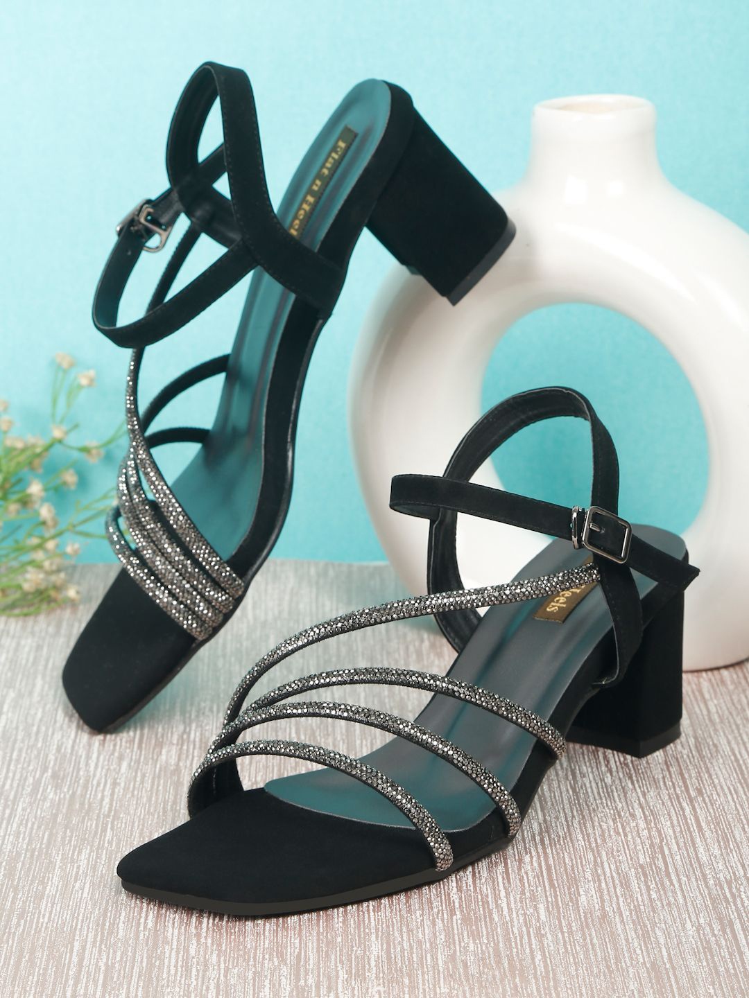 

Flat n Heels Block Sandals with Bows, Black