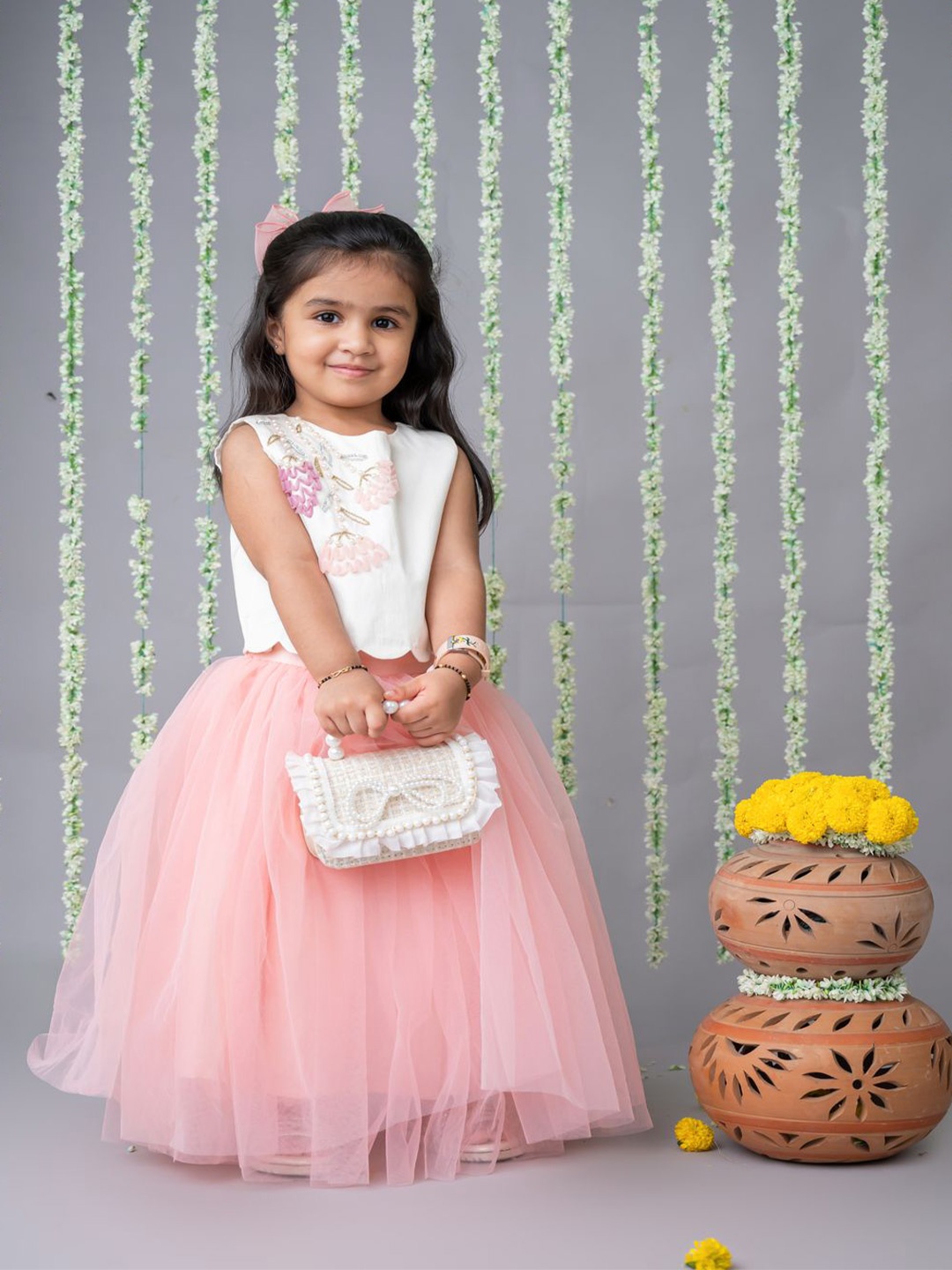 

LABEL NEETI Girls Ready to Wear 3D Embroidered Top With Tulle Skirt, Pink
