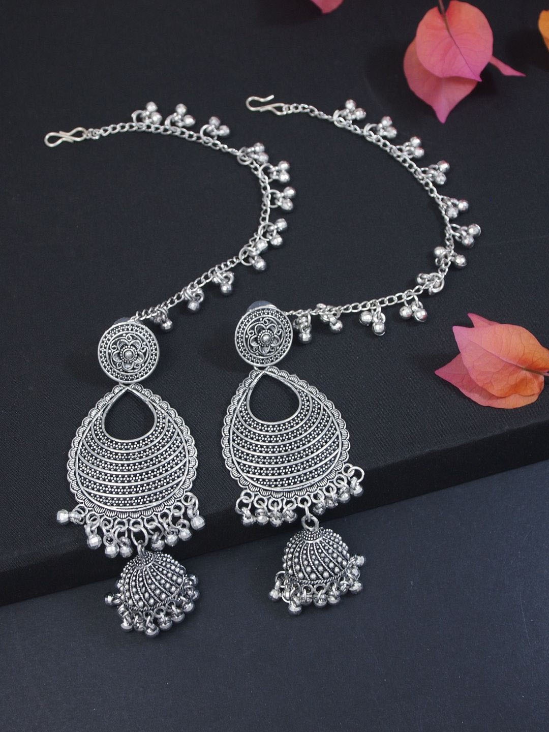 

I Jewels Silver-Plated Contemporary Shaped Oxidised Drop Earrings With Ear Chains