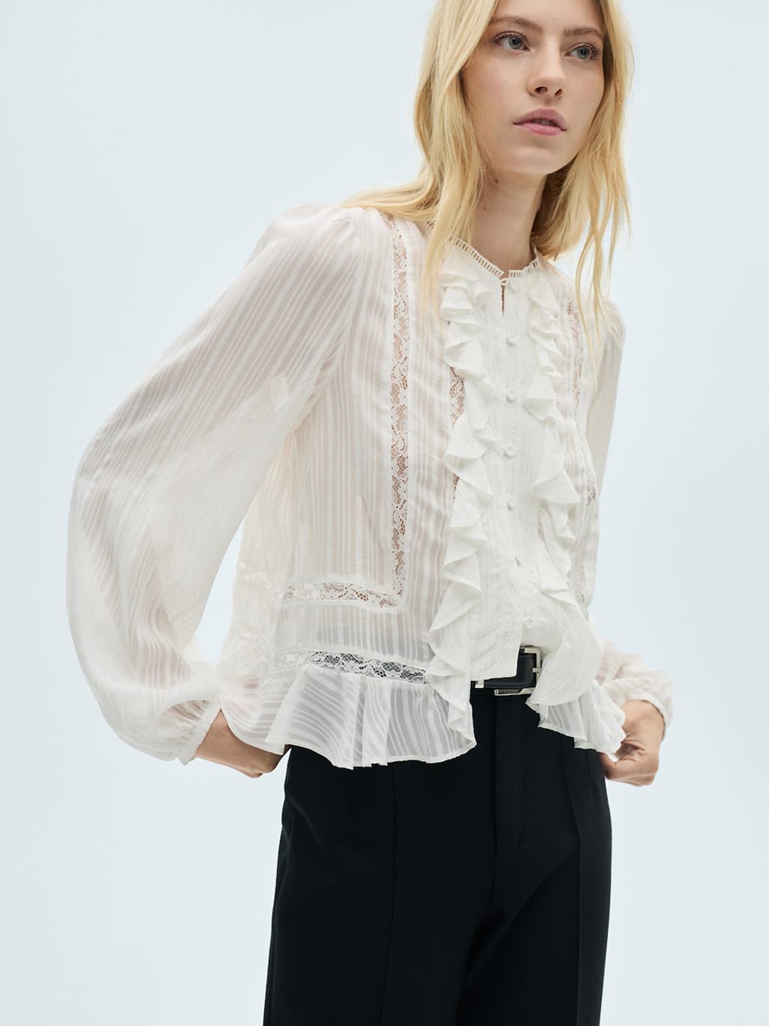 

MANGO Self-Striped Lace Inserts Ruffles Top, White