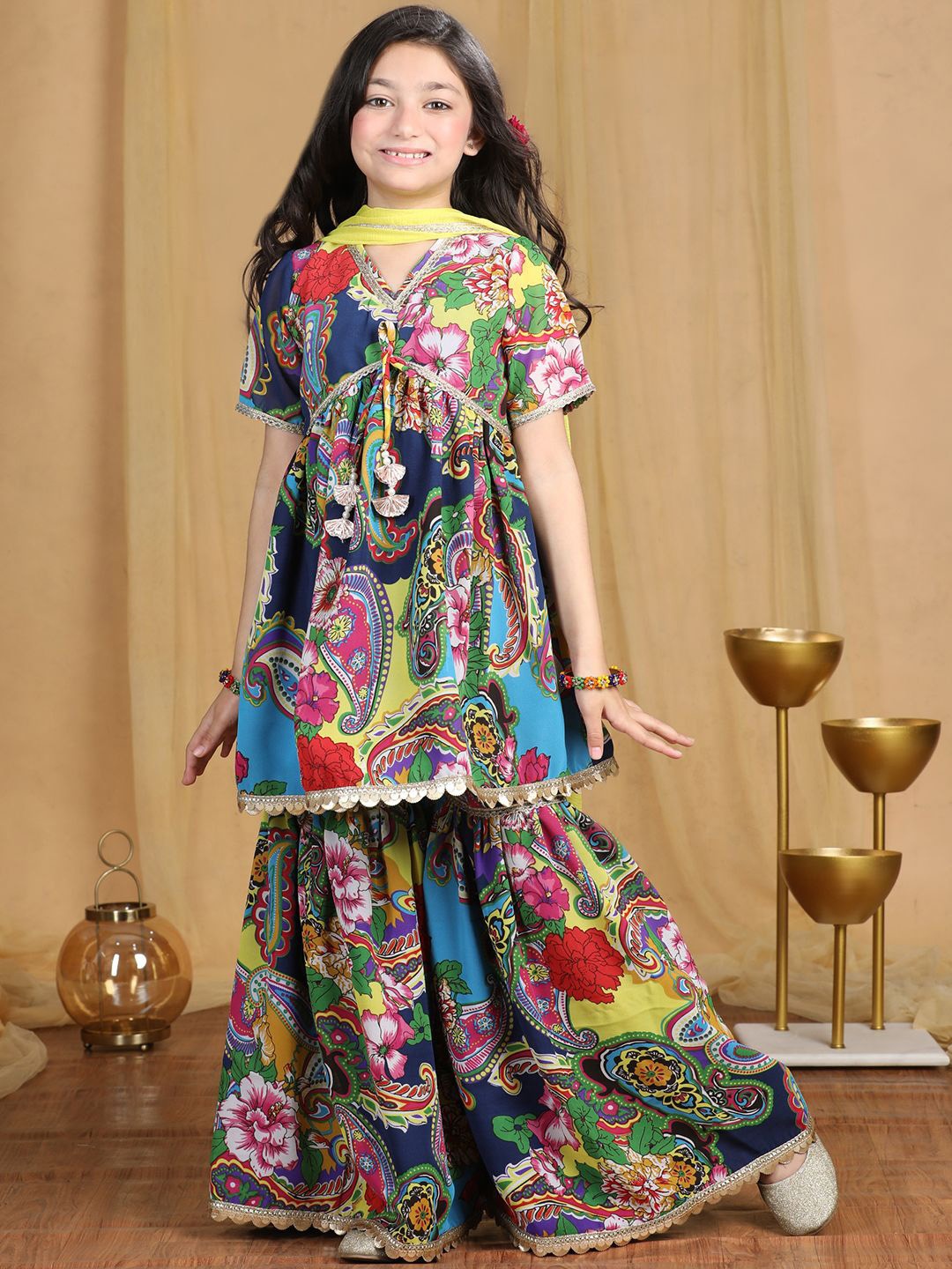 

Cutiekins Girls Paisley Printed Empire Gotta Patti Kurta with Sharara & With Dupatta, Navy blue