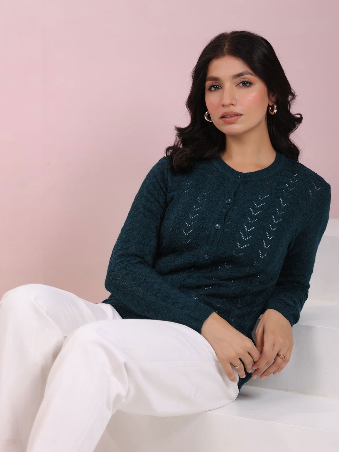 

KALINI Self Design Woolen Cardigan, Teal