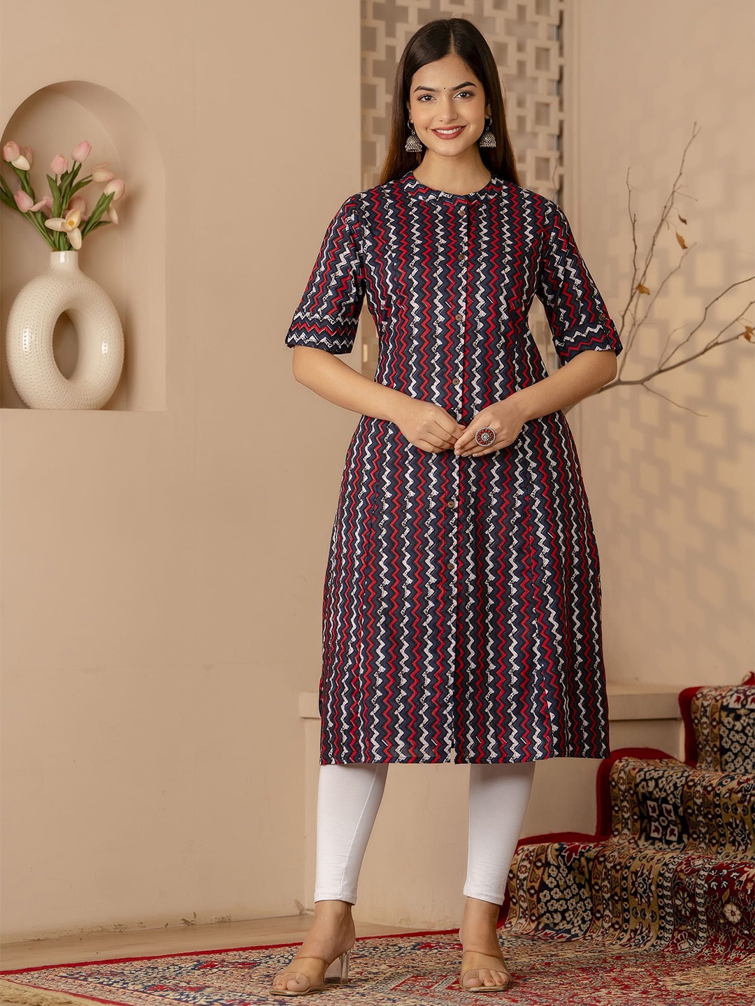 

TRIVEDI Cotton Printed A-Line Mandarin Collar Kurta, Blue