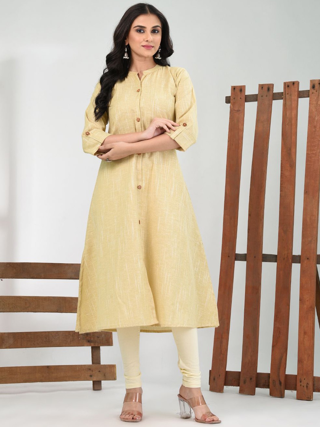 

Charukriti Woven Design Mandarin Collar A-Line Cotton Kurta, Beige