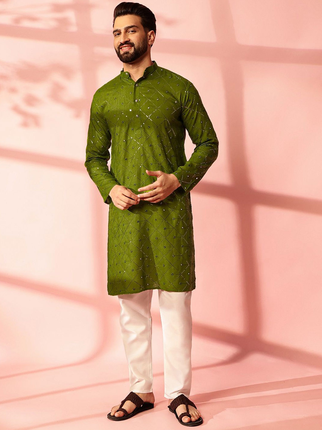 

Anouk Men Embroidered Regular Mirror Work Pure Cotton Kurta with Pyjamas, Green