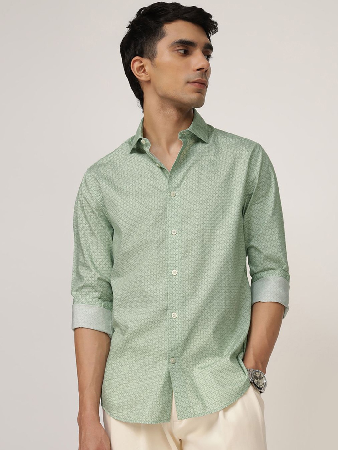 

Andamen Men Premium Slim Fit Opaque Printed Casual Shirt, Green