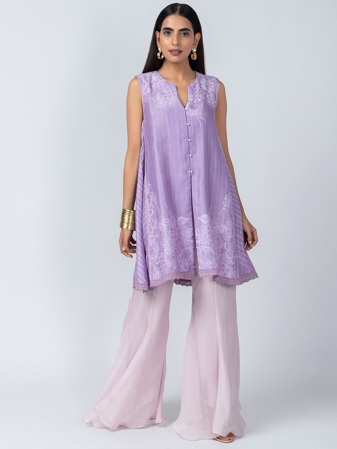 

Label Naariti Women Printed Regular Linen Kurti with Palazzos, Purple