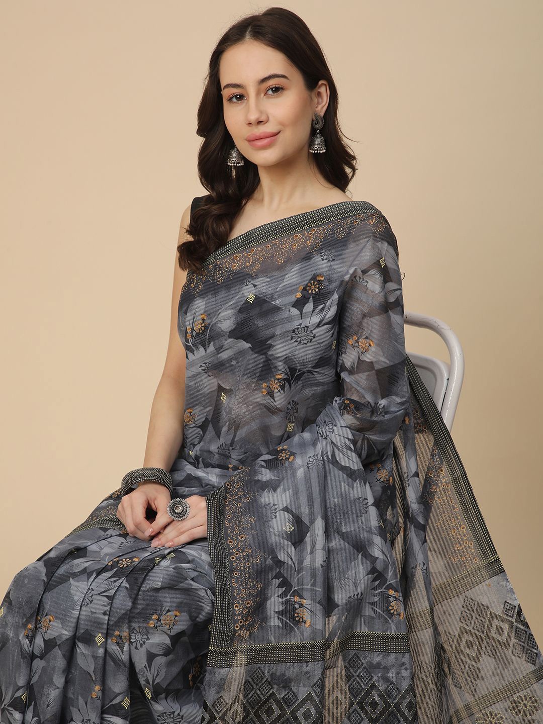 

RATAN Floral Pure Cotton Saree, Grey