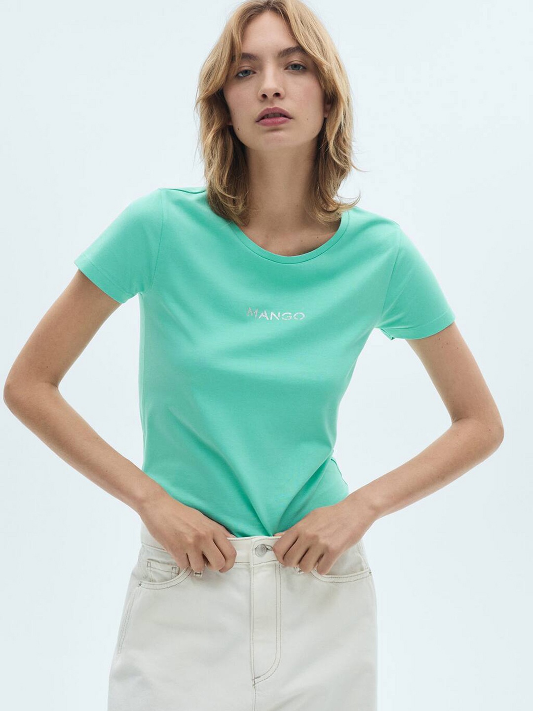 

MANGO Pure Cotton Solid Casual T-shirt, Blue