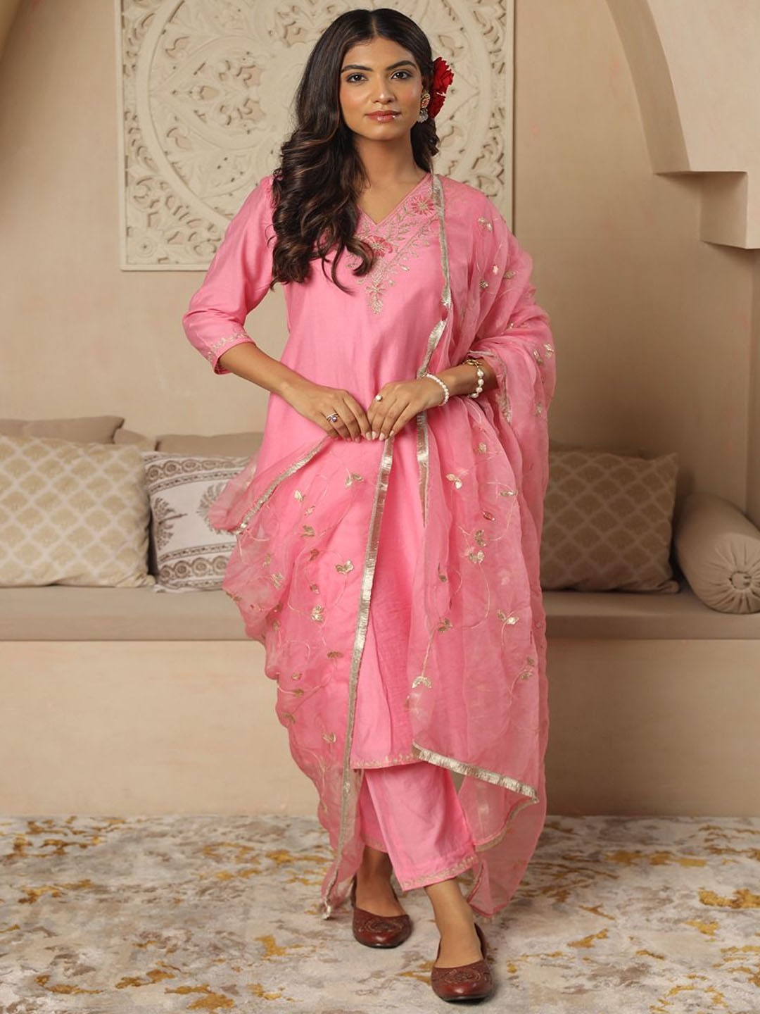 

ASRUMO Women Ethnic Motifs Embroidered Regular Thread Work Chanderi Silk Kurta with Trousers & With Dupatta, Peach