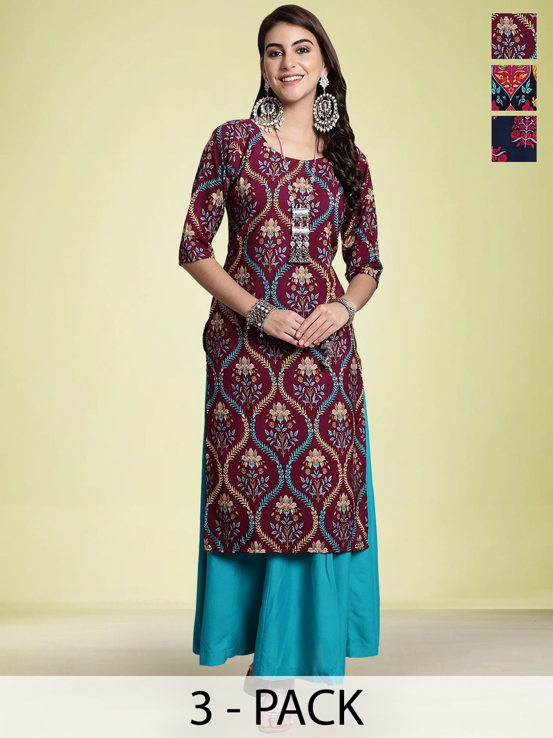 

Moda Rapido Selection Of 3 Floral Printed Round Neck Straight Kurtas, Maroon