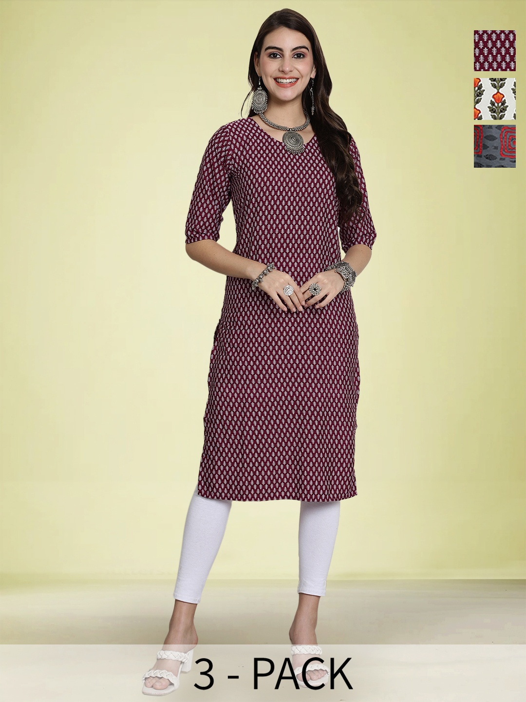 

Moda Rapido Selection Of 3 Floral Printed Round Neck Straight Kurtas, Maroon