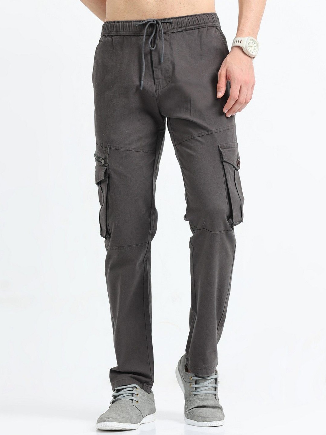 

THE BEETEL HOUSE Men Relaxed Zipper Utility Cargos Trousers, Grey