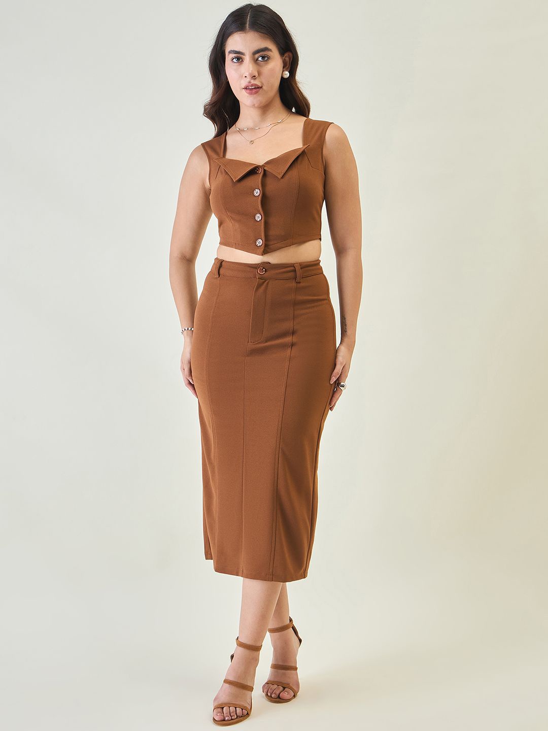 

aayu Square Neck Top With Skirt, Brown