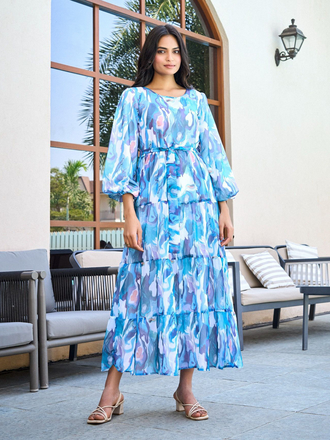 

SARINKU Floral Print Puff Sleeve Georgette Blouson Maxi Dress, Blue