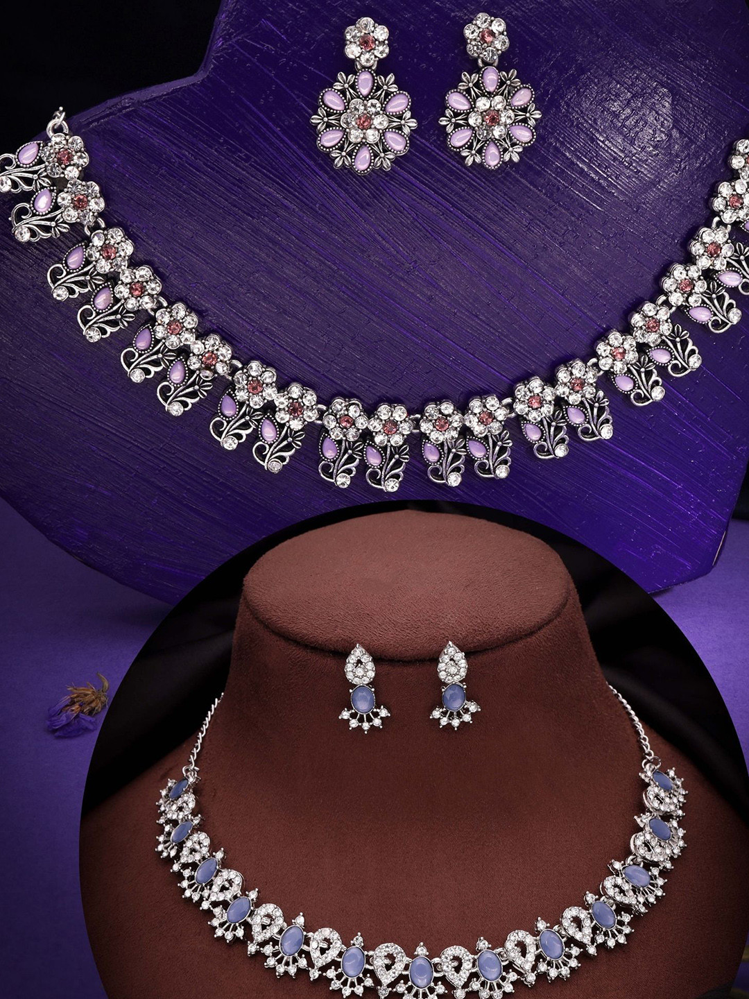

DIVASTRI Set Of 2 Silver-Plated American Diamond Studded Jewellery Sets