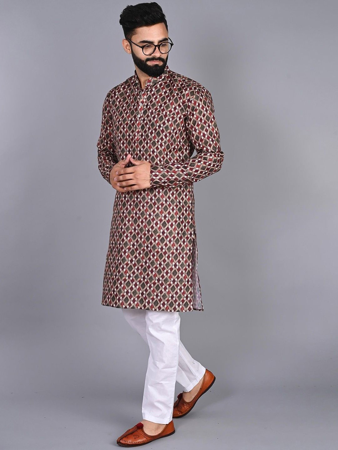

PulseIQ Men Printed Regular Pure Cotton Kurta with Pyjamas, Purple