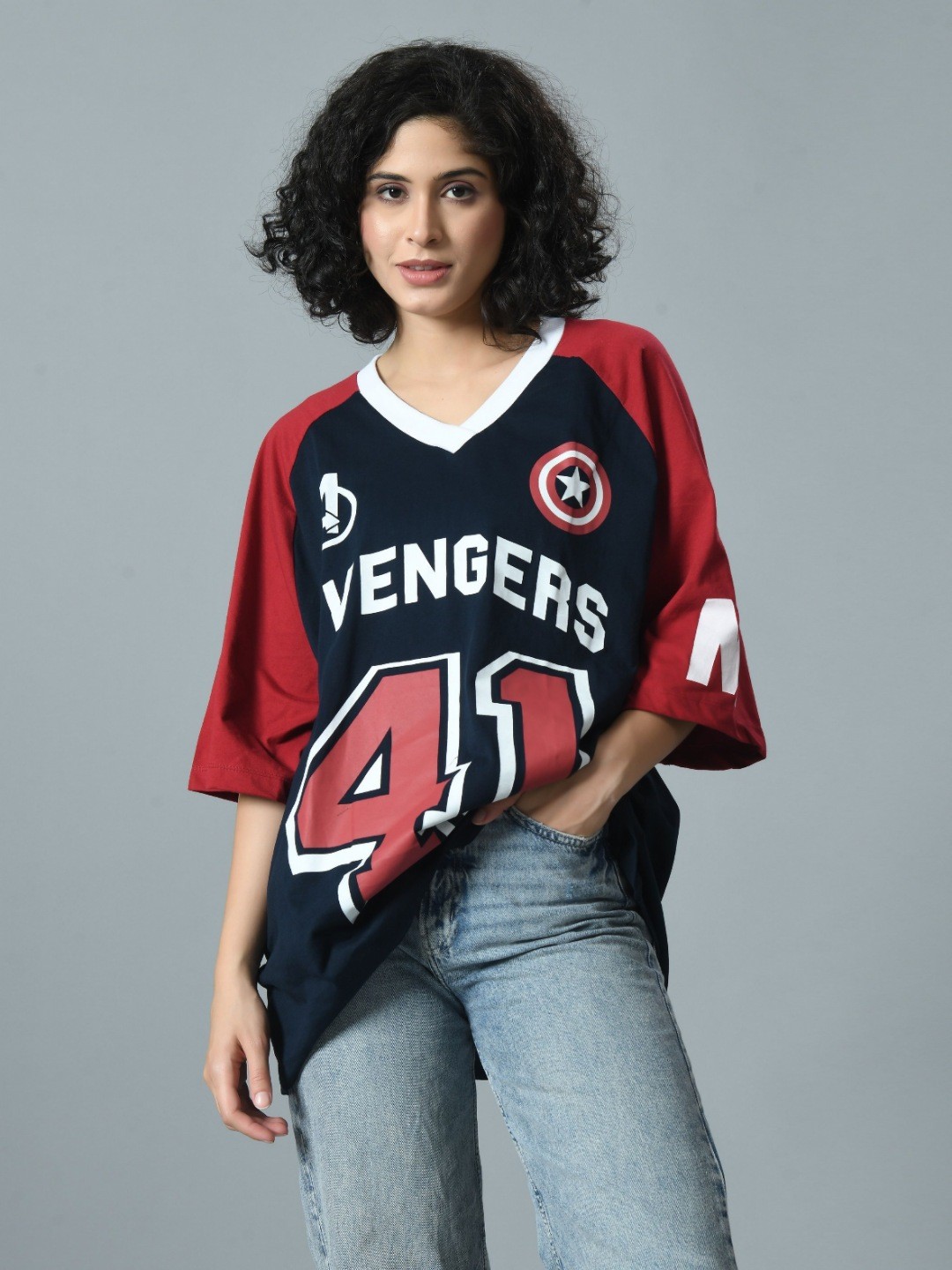 

CORSICA Women Typography Printed V-Neck Drop-Shoulder Sleeves Bio Finish T-shirt, Navy blue