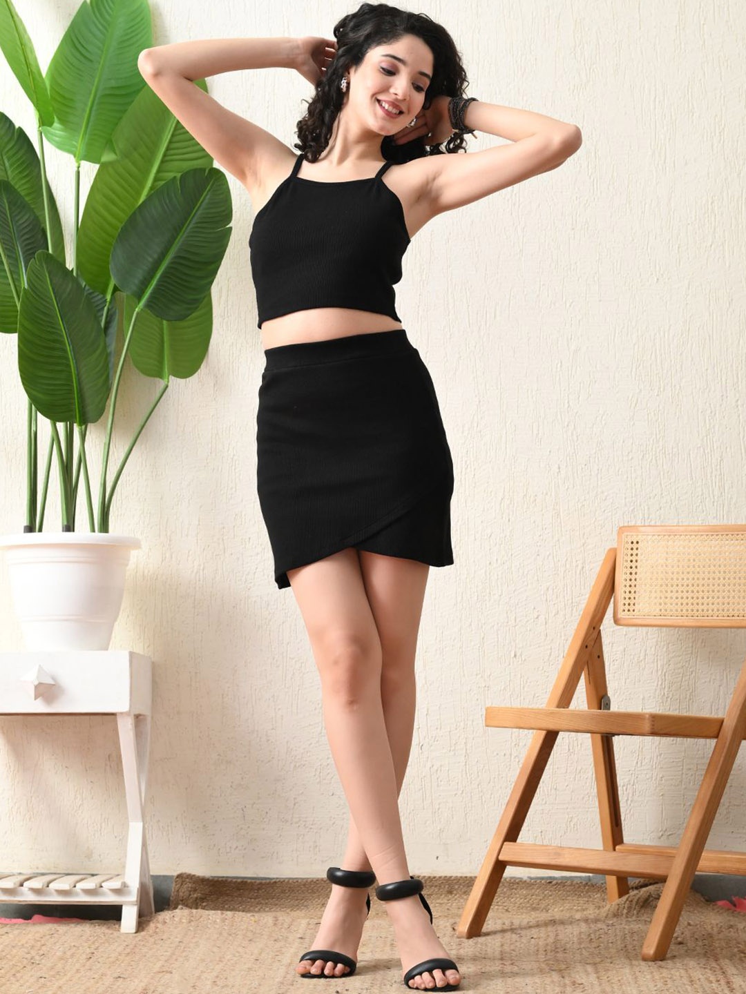 

Unifringe Shoulder Straps Pure Cotton Top With Skirt Co-Ords, Black