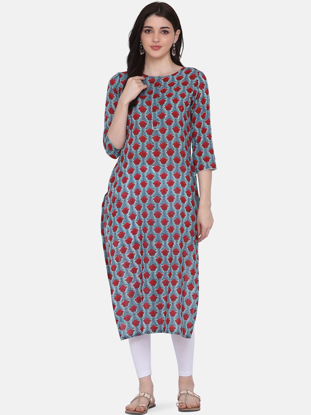 

Fourleaf Floral Printed Round Neck Straight Cotton Kurta, Blue