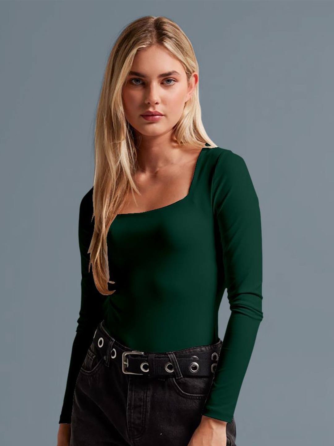 

Dream Beauty Fashion Women Square Neck Long Sleeves Fitted Crop Top, Green