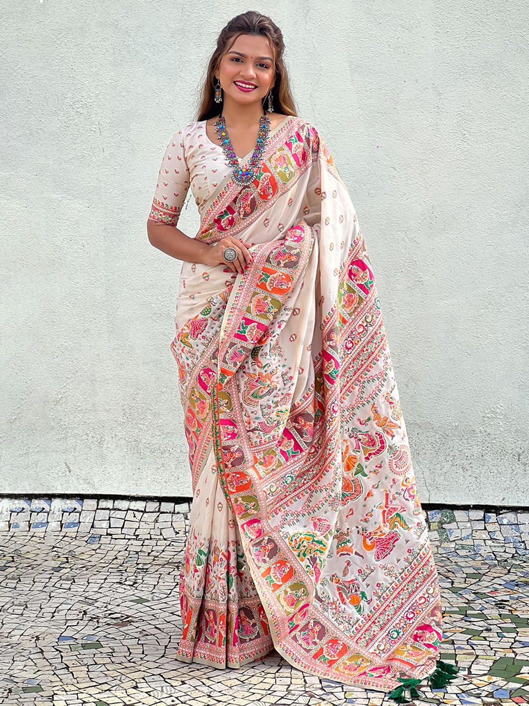 

all about you Kalamkari Silk Blend Saree, Cream