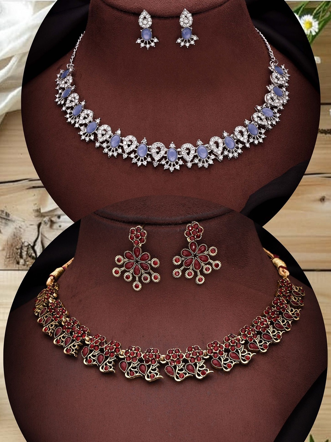 

DIVASTRI Set Of 2 Gold Plated American Diamond Studded Jewellery Sets, Silver