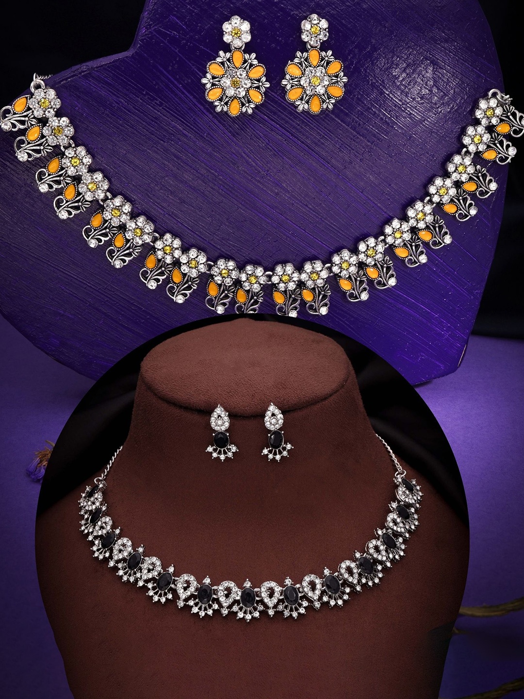 

DIVASTRI Set Of 2 Silver-Plated American Diamond Studded Jewellery Sets