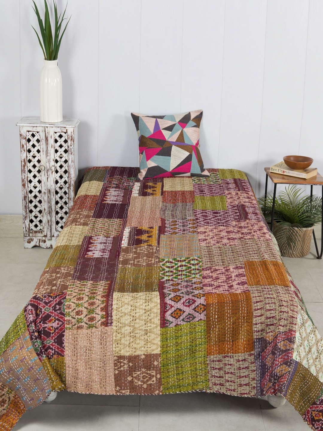 

HANDICRAFT PALACE Brown Printed Kantha Patchwork Bed Cover